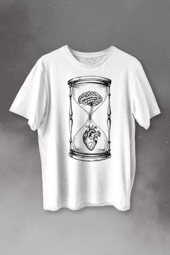 Kum Saati Kalp Beyin Aşk Mantık Baskılı Tişört Unisex T-shirt