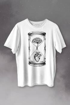 Kum Saati Kalp Beyin Aşk Mantık Baskılı Tişört Unisex T-shirt - 1