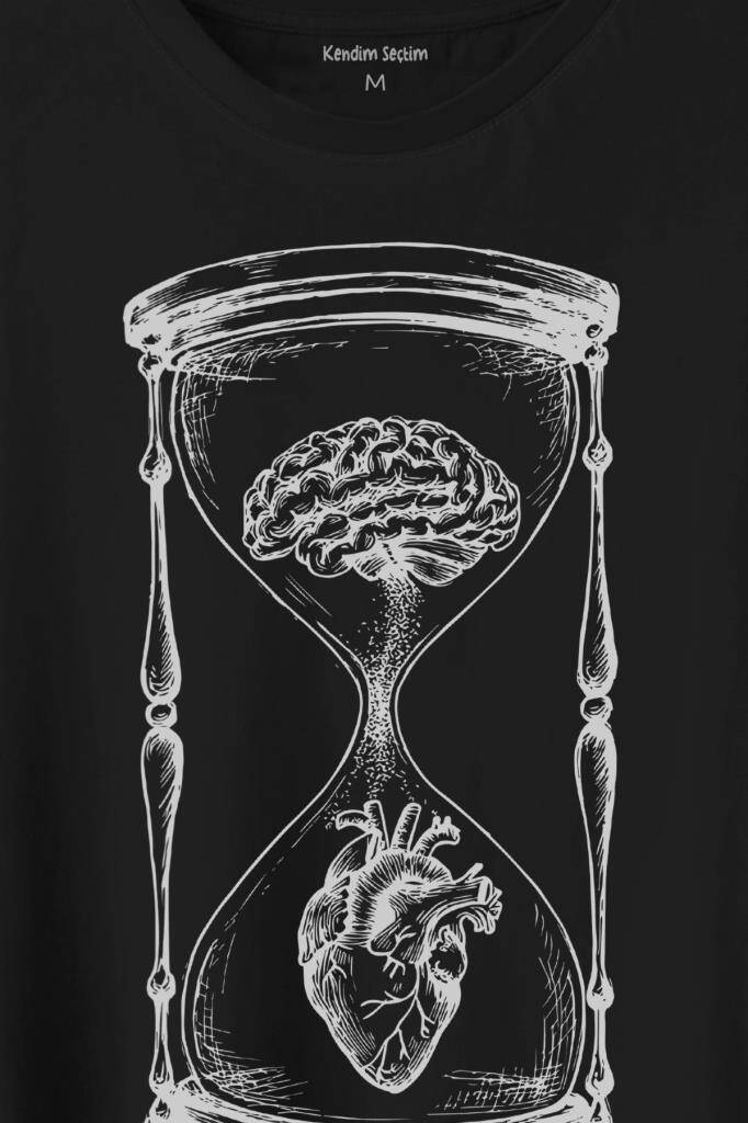 Kum Saati Kalp Beyin Aşk Mantık Baskılı Tişört Unisex T-Shirt - 2