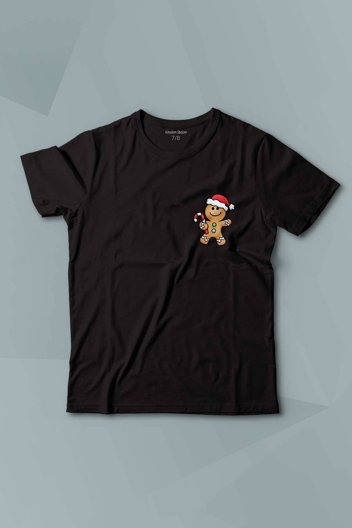 Kurabiye Adam Yılbaşı Merry Christmas Happy New Year 2024 Baskılı Siyah T-shirt Çocuk Tişört - 1