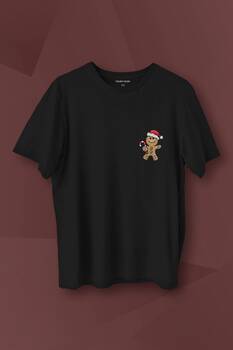 Kurabiye Adam Yılbaşı Merry Christmas Happy New Year 2024 Baskılı Siyah T-shirt Unisex Tişört