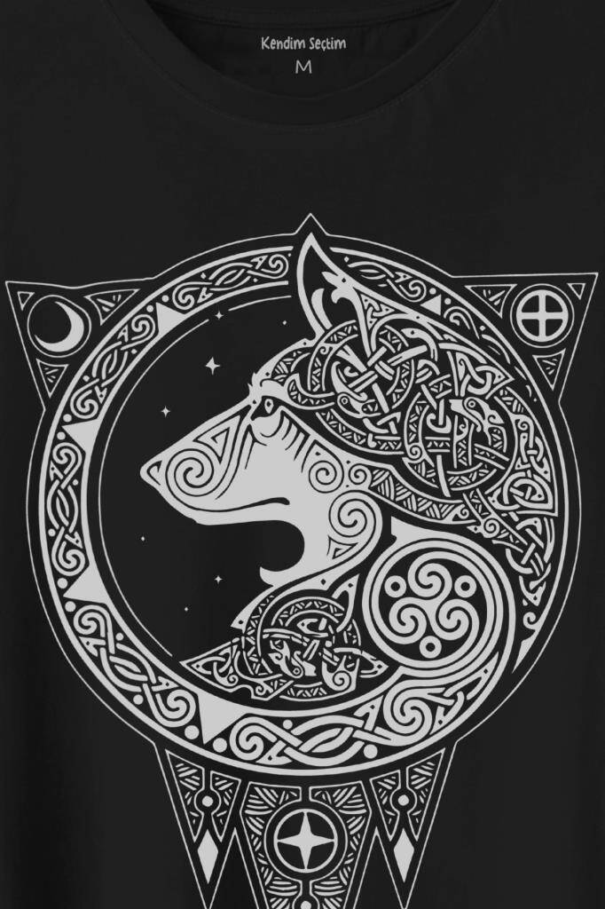 Kurt İşlemeli Dövme Wolf Silüeti Baskılı Tişört Unisex T-Shirt (1)