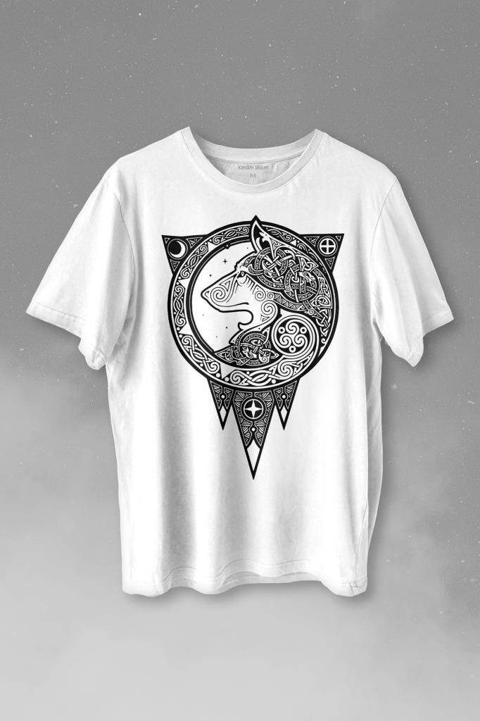 Kurt İşlemeli Dövme Wolf Silüeti Baskılı Tişört Unisex T-shirt - 1