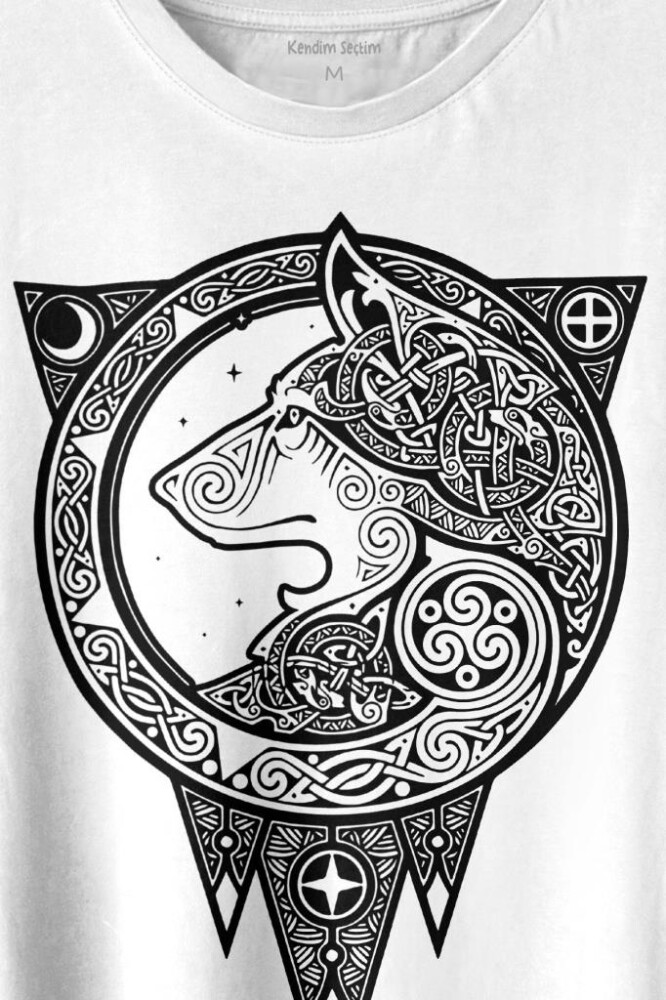 Kurt İşlemeli Dövme Wolf Silüeti Baskılı Tişört Unisex T-shirt - 2