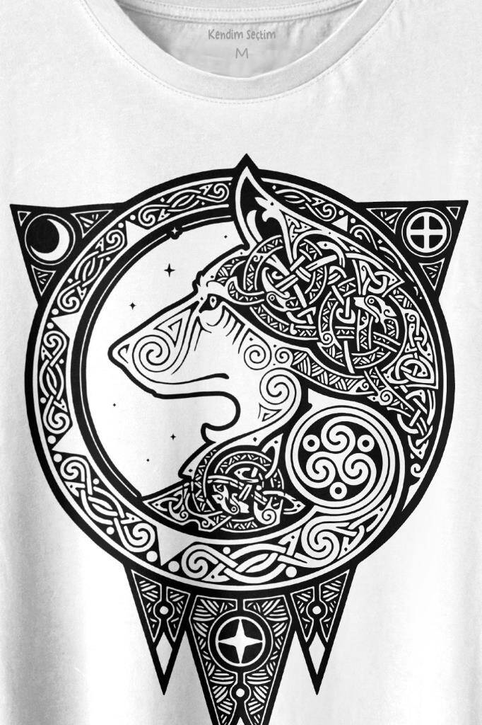 Kurt İşlemeli Dövme Wolf Silüeti Baskılı Tişört Unisex T-shirt - 2