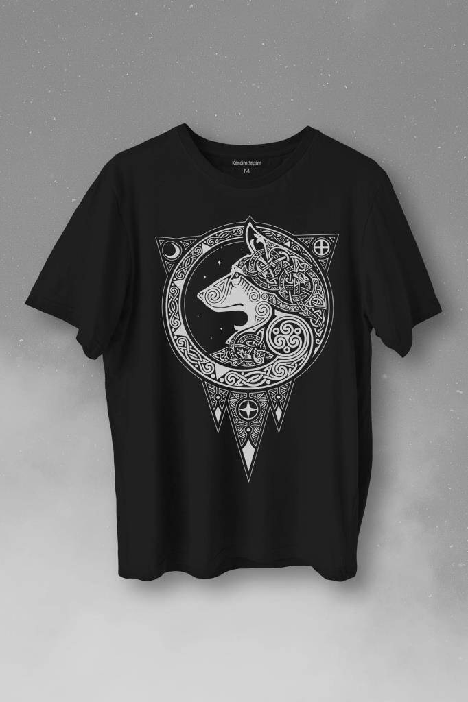 Kurt İşlemeli Dövme Wolf Silüeti Baskılı Tişört Unisex T-Shirt - 1