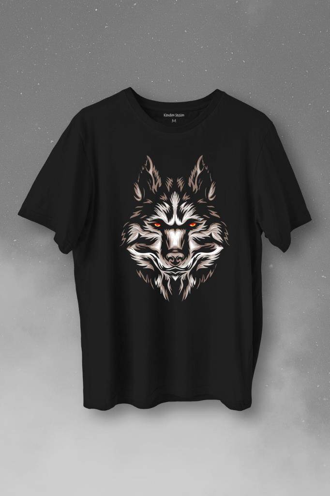 Kurt Kafası Wolf Head Bozkurt Kırmızı Gözlü Baskılı Tişört Unisex T-Shirt - 1