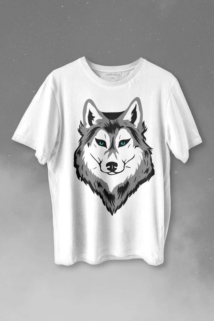Kurt Kafası Wolf Head Bozkurt Yeşil Gözlü Baskılı Tişört Unisex T-shirt - 1