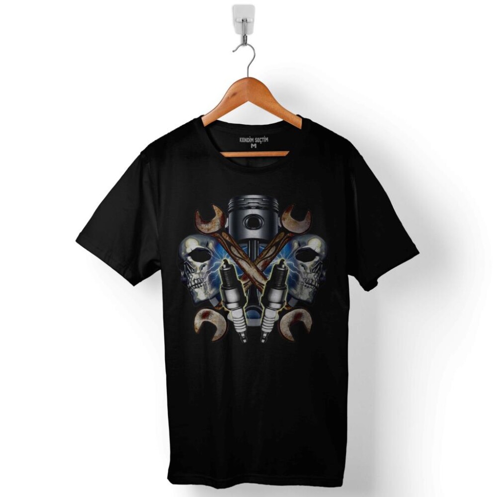 Kuru Kafa Skull Anahtar Piston Buji Sanayi Tamirat Baskılı Tişört Unisex T-Shirt - 1