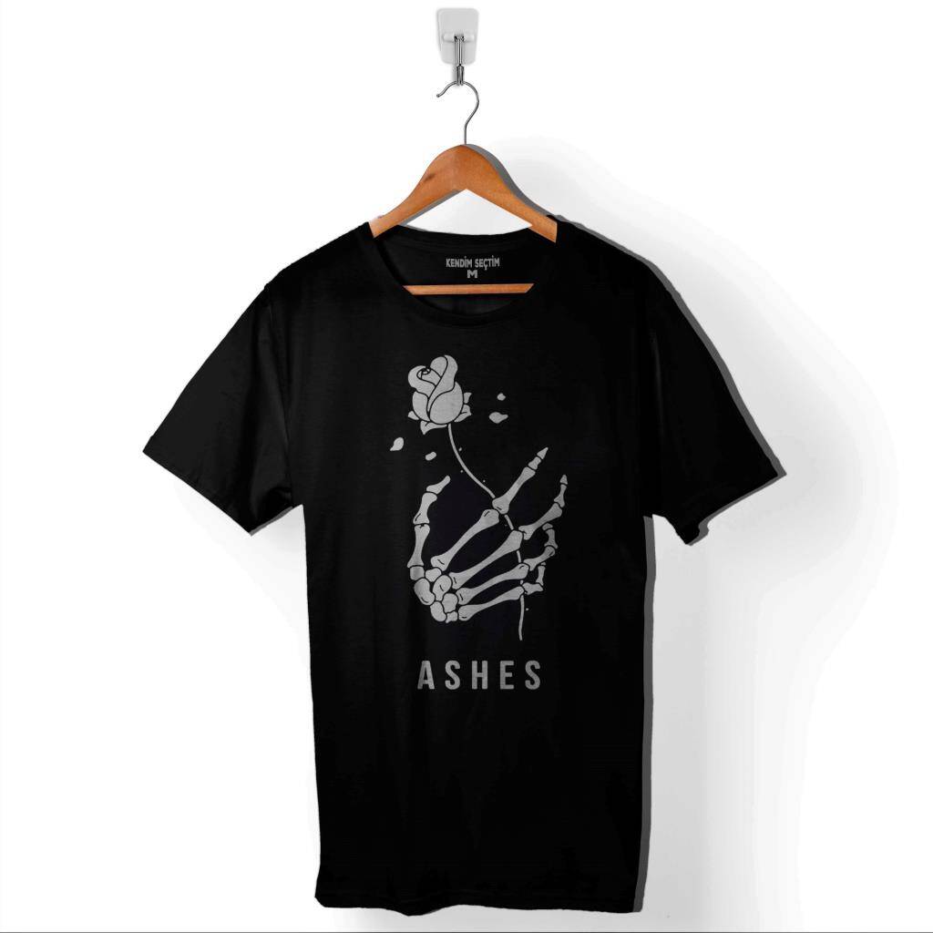 Kuru Kafa Skull Skeleton İskelet Ashes Aşk Gül Baskılı Tişört Unisex T-Shirt - 1