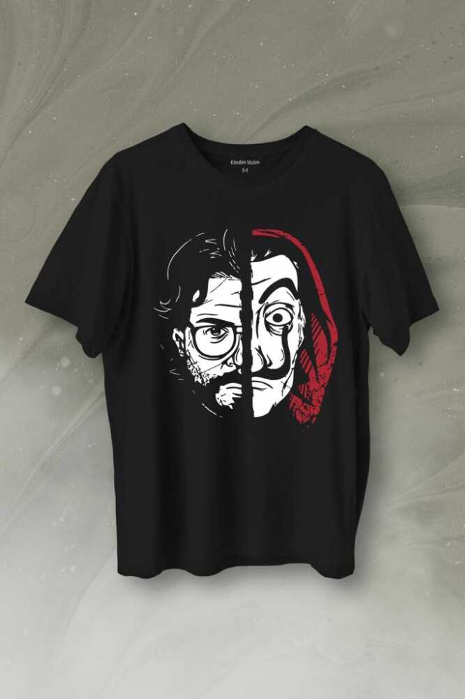 La Casa De Papel Profesör Proffessor Dali Mask Yarım Yüz Half Face Baskılı Tişört Unisex T-Shirt - 1