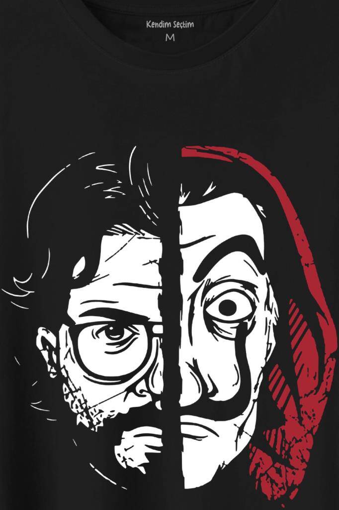 La Casa De Papel Profesör Proffessor Dali Mask Yarım Yüz Half Face Baskılı Tişört Unisex T-Shirt (1)