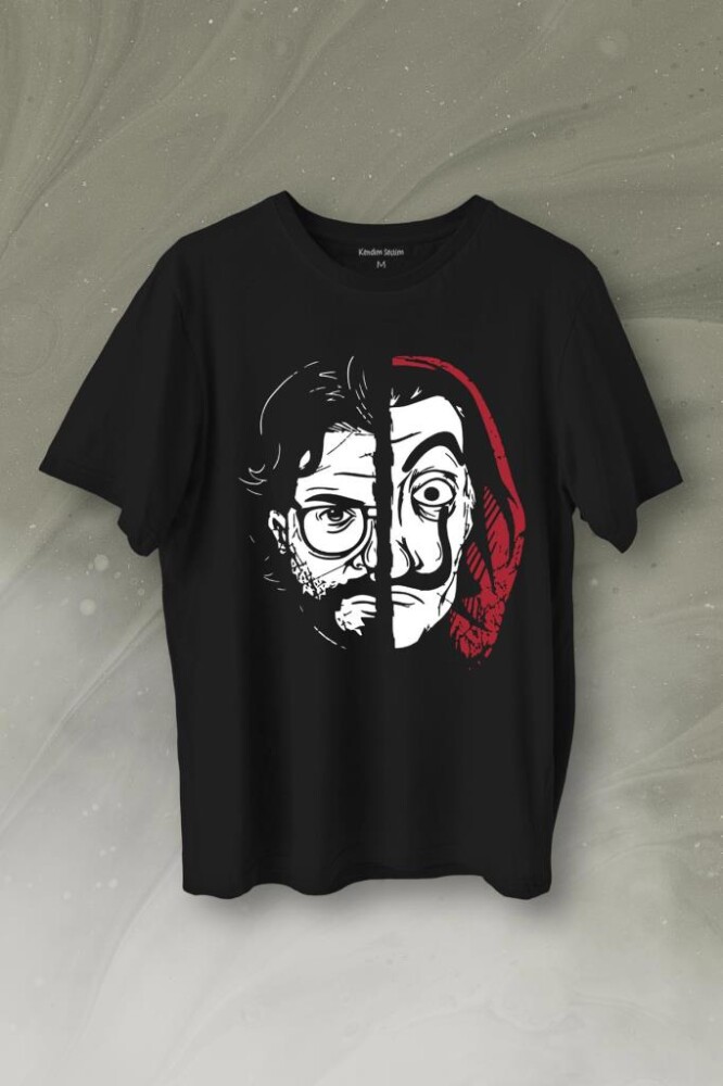 La Casa De Papel Profesör Proffessor Dali Mask Yarım Yüz Half Face Baskılı Tişört Unisex T-Shirt - 1