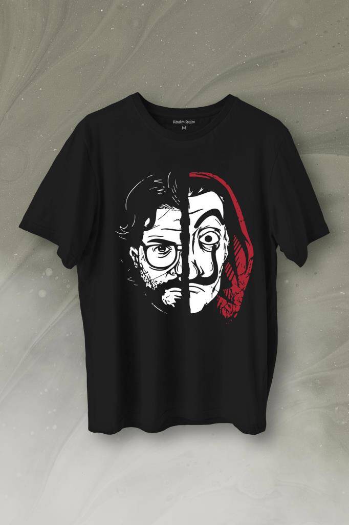 La Casa De Papel Profesör Proffessor Dali Mask Yarım Yüz Half Face Baskılı Tişört Unisex T-Shirt - 1