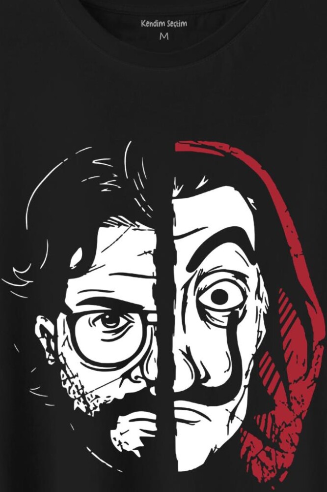 La Casa De Papel Profesör Proffessor Dali Mask Yarım Yüz Half Face Baskılı Tişört Unisex T-Shirt - 2