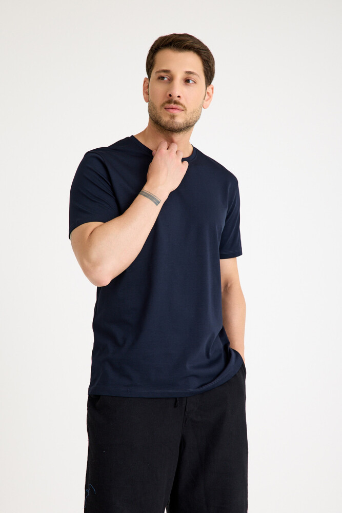 Lacivert Erkek Tişört Basic Regular Loose Fit T-shirt - 4