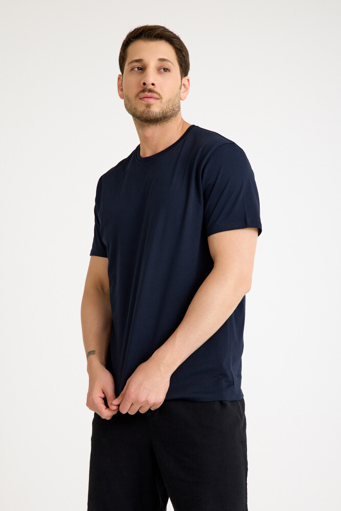Lacivert Erkek Tişört Basic Regular Loose Fit T-shirt - 5