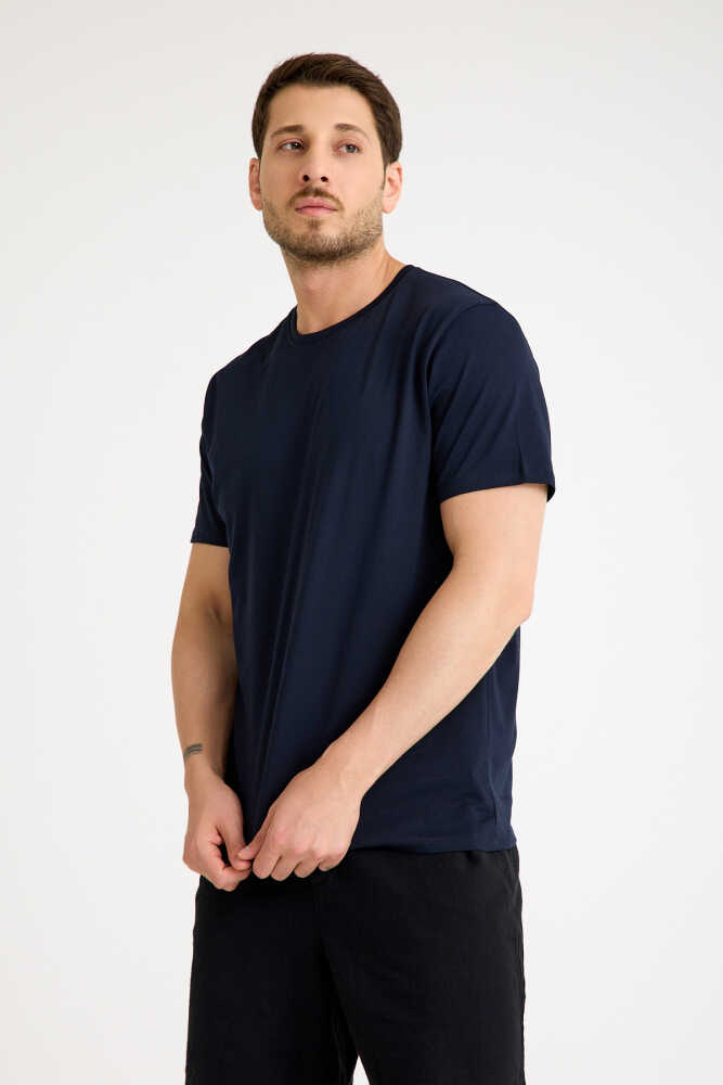 Lacivert Erkek Tişört Basic Regular Loose Fit T-shirt - 5