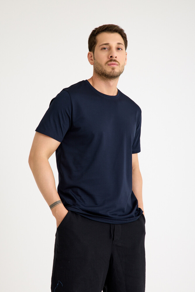 Lacivert Erkek Tişört Basic Regular Loose Fit T-shirt - 1