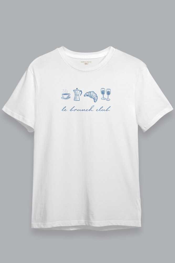 Le Brunch Club Beyaz Unisex Tişört Croissant Kahve Wine Minimal Tasarım Kısa Kollu T-shirt - 2