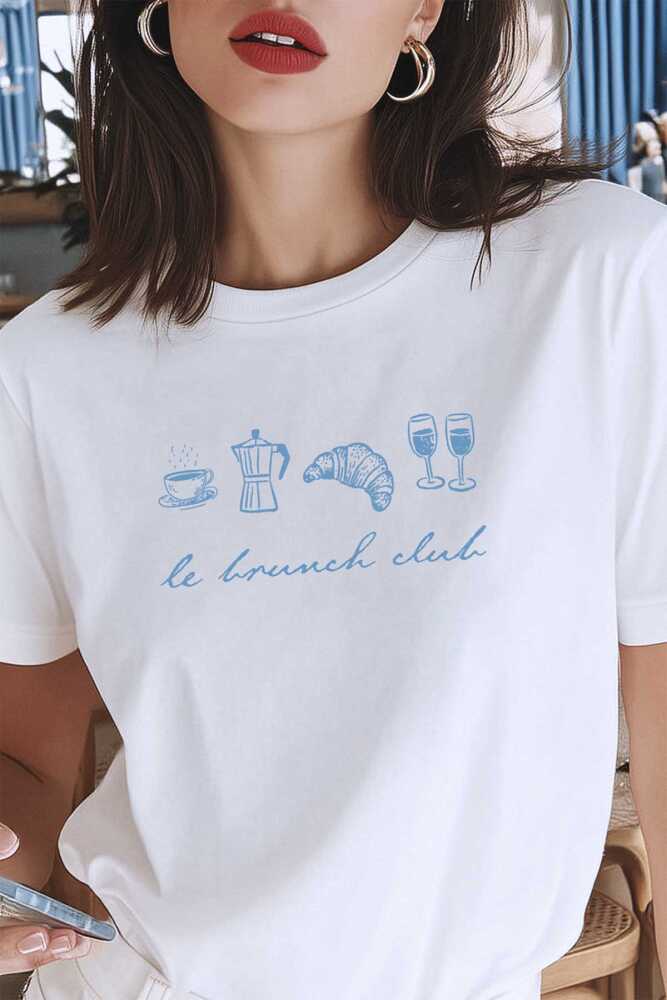 Le Brunch Club Beyaz Unisex Tişört  Croissant Kahve Wine Minimal Tasarım Kısa Kollu T-shirt - 1
