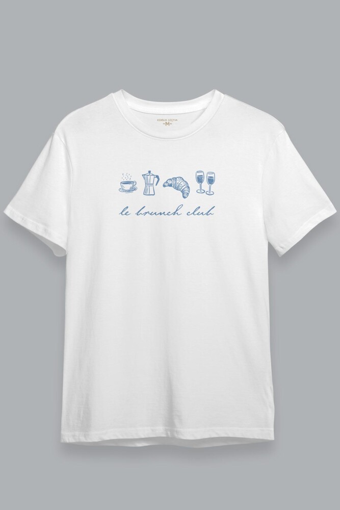 Le Brunch Club Beyaz Unisex Tişört Croissant Kahve Wine Minimal Tasarım Kısa Kollu T-shirt - 2