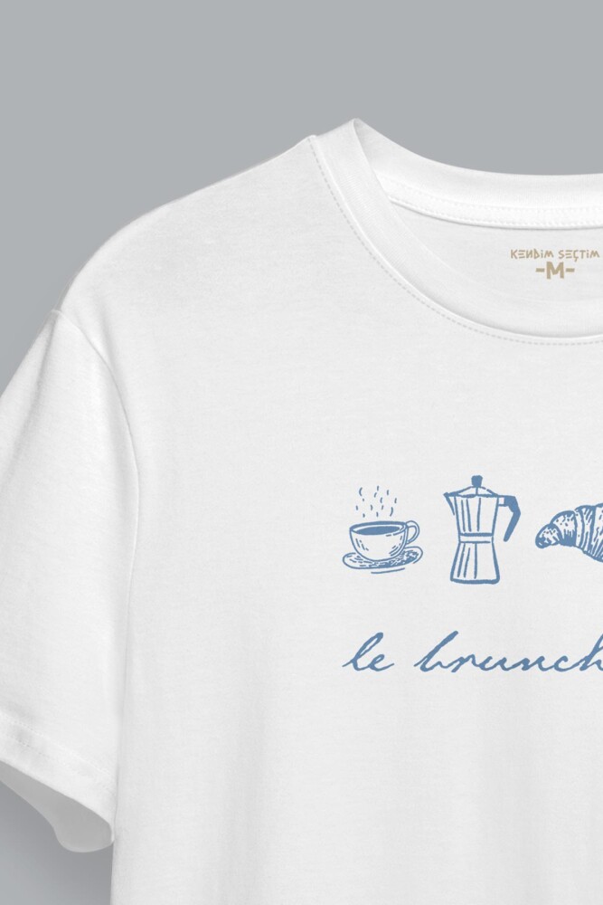 Le Brunch Club Beyaz Unisex Tişört Croissant Kahve Wine Minimal Tasarım Kısa Kollu T-shirt - 3