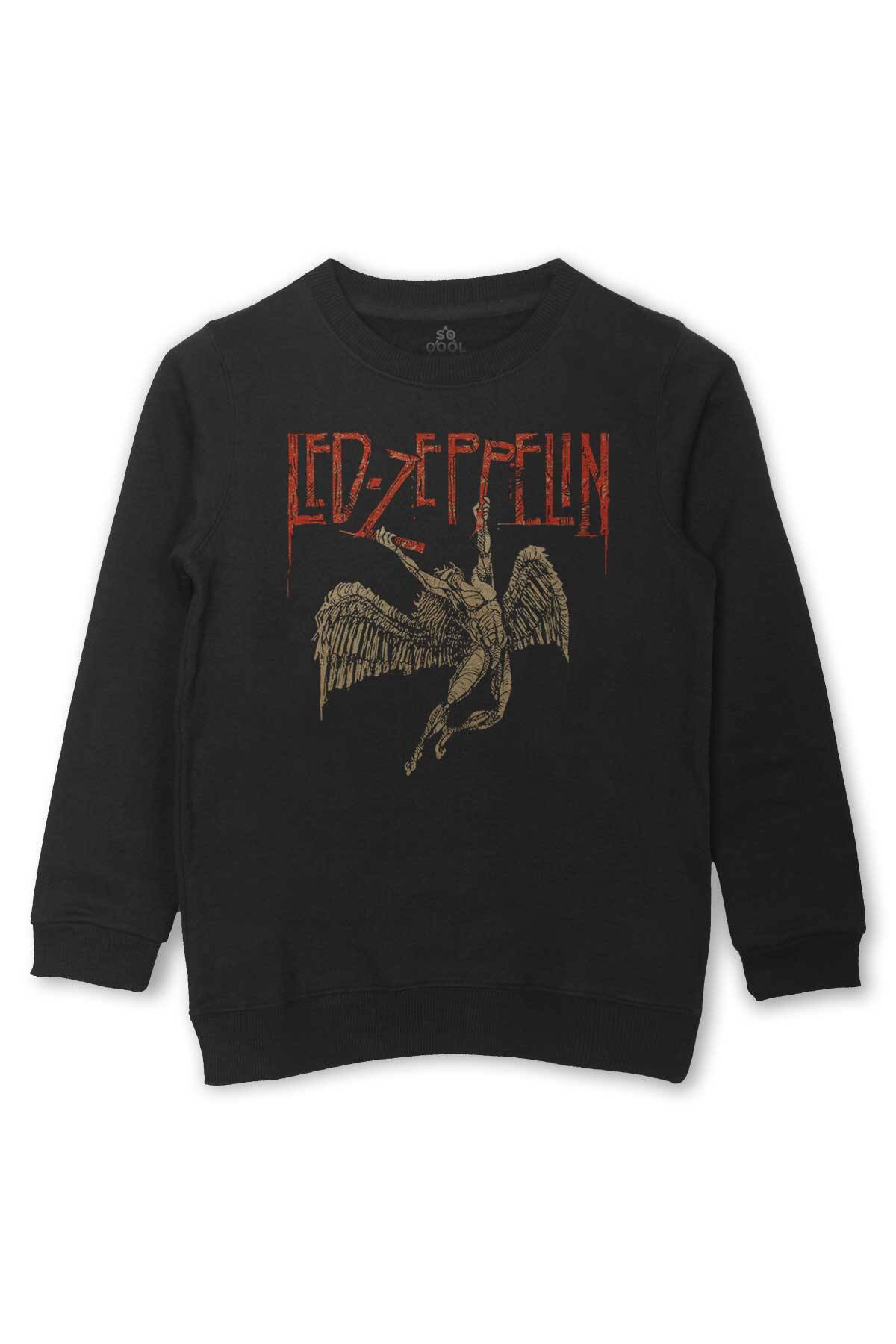 Led Zeppelin Falling Angel Rock Music Baskılı Çocuk Sweatshirt Siyah Sweat - 1