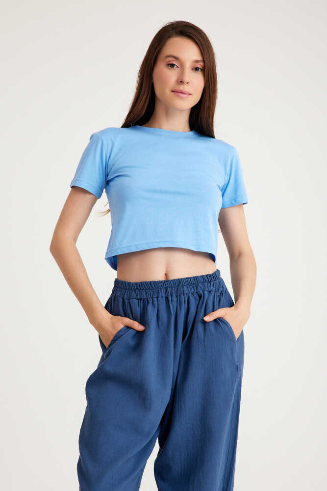 Light Blue Crop T-shirt Açık Mavi Bisiklet Yaka Kadın Tişört Baby Tee - 1