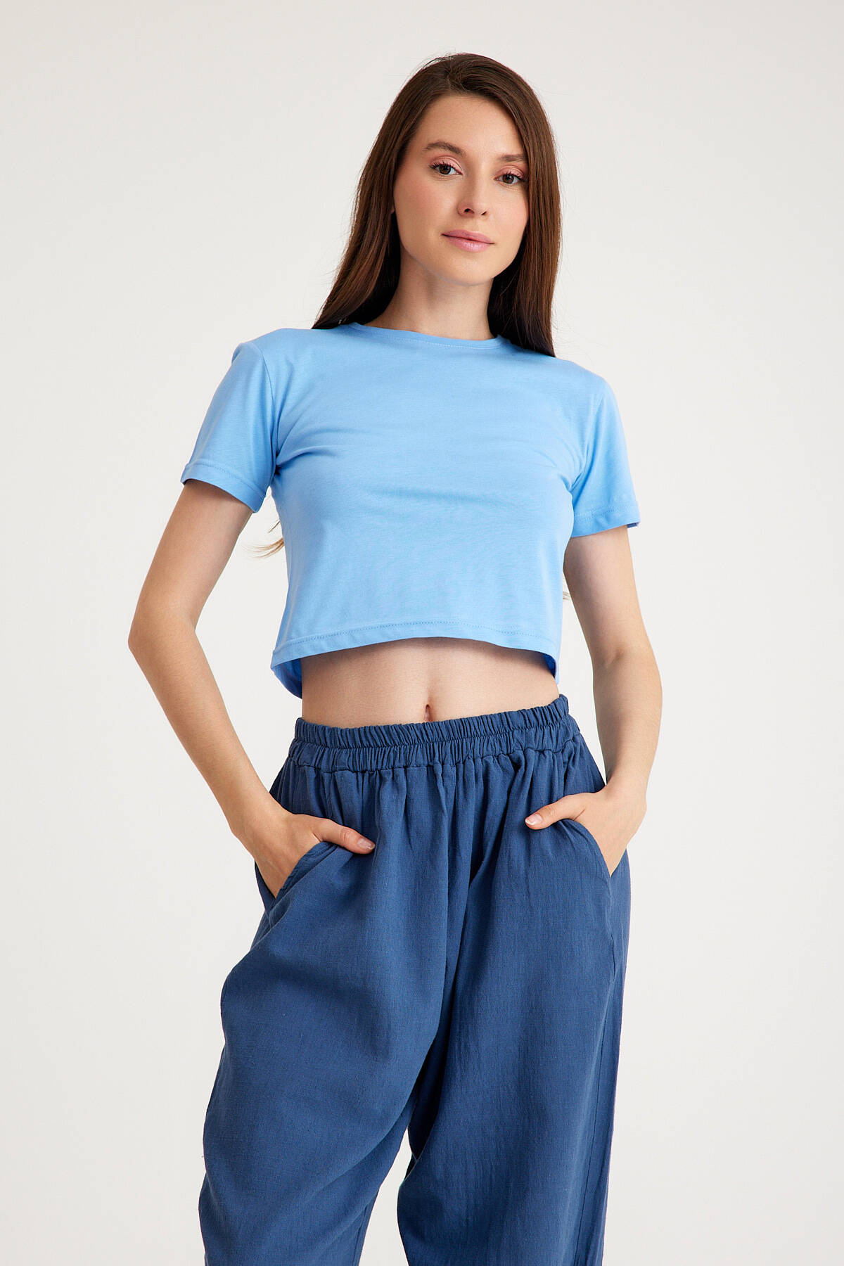 Light Blue Crop T-shirt Açık Mavi Bisiklet Yaka Kadın Tişört Baby Tee