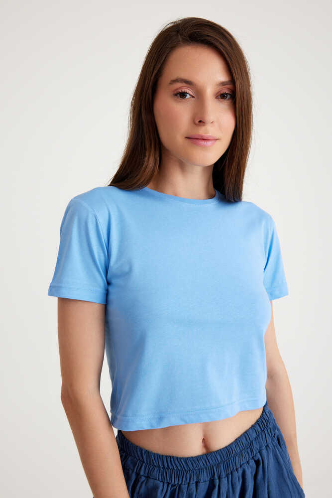 Light Blue Crop T-shirt Açık Mavi Bisiklet Yaka Kadın Tişört Baby Tee - 2