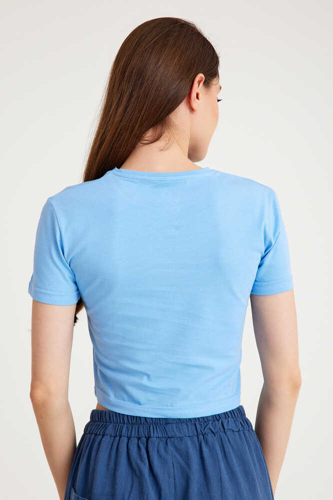 Light Blue Crop T-shirt Açık Mavi Bisiklet Yaka Kadın Tişört Baby Tee - 3