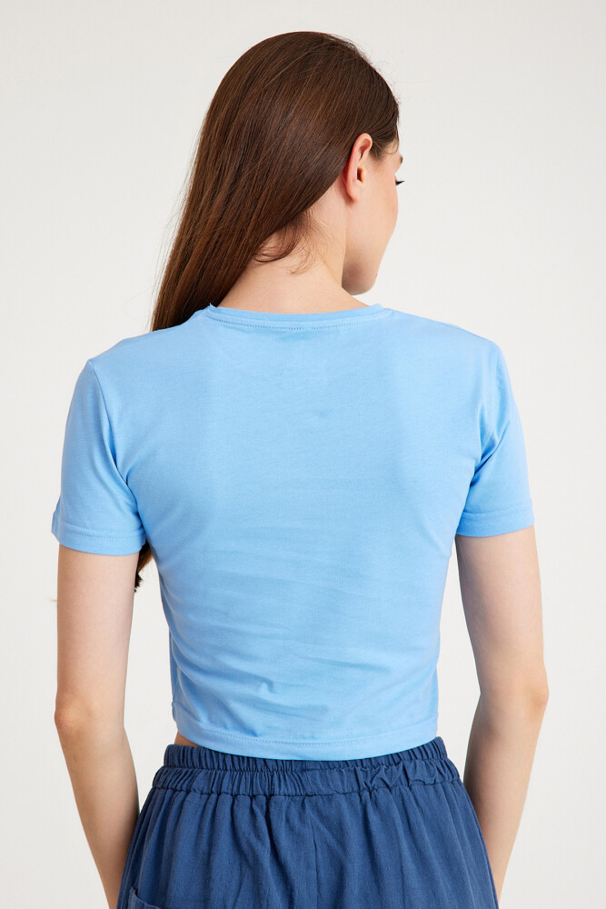 Light Blue Crop T-shirt Açık Mavi Bisiklet Yaka Kadın Tişört Baby Tee - 3