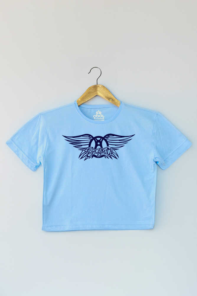 Light Blue Crop T-shirt Aerosmith Black On Black Wings Baskılı Kadın Tişört Açık Mavi Renk Baby Tee - 1