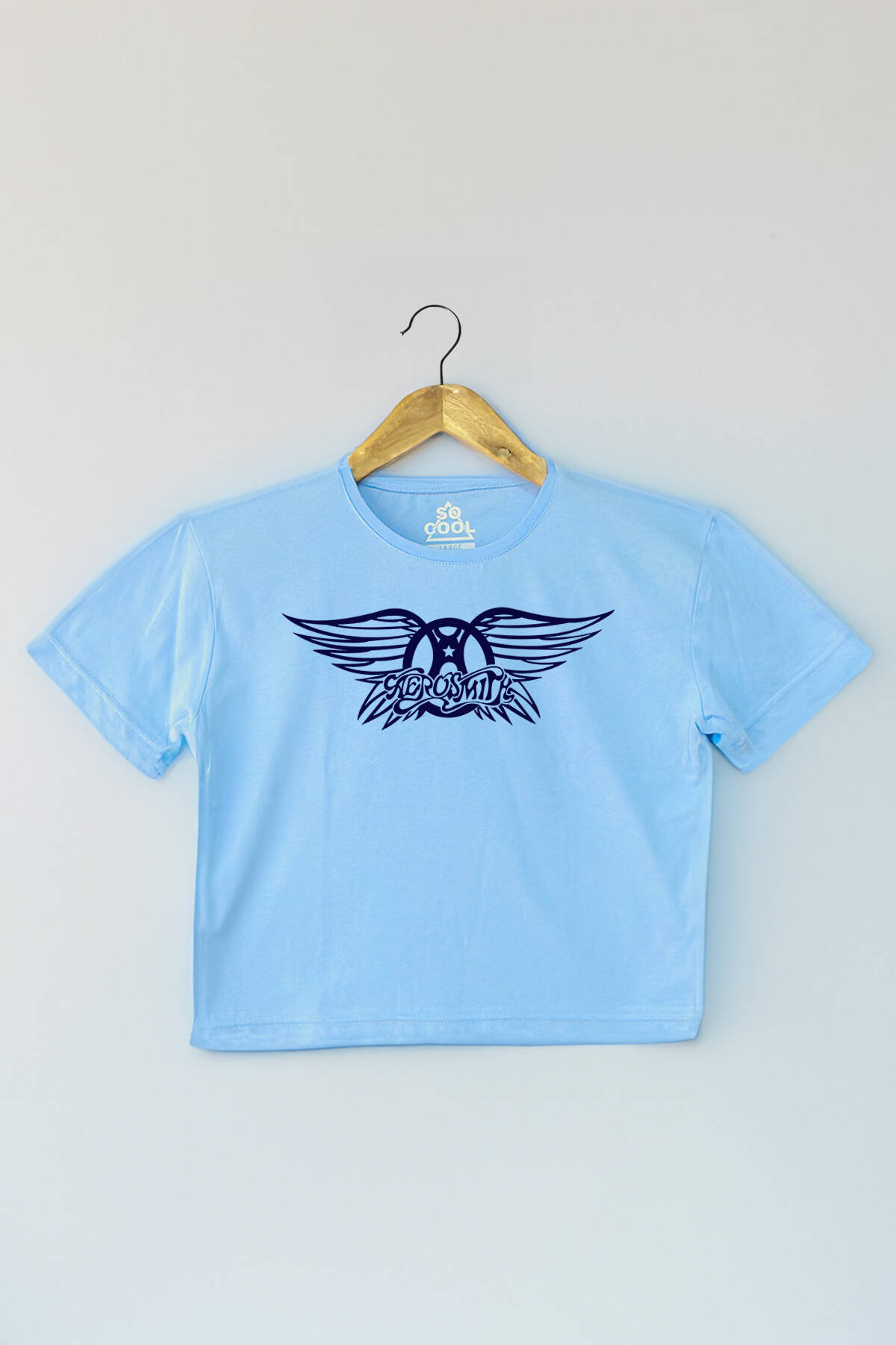 Light Blue Crop T-shirt Aerosmith Black On Black Wings Baskılı Kadın Tişört Açık Mavi Renk Baby Tee