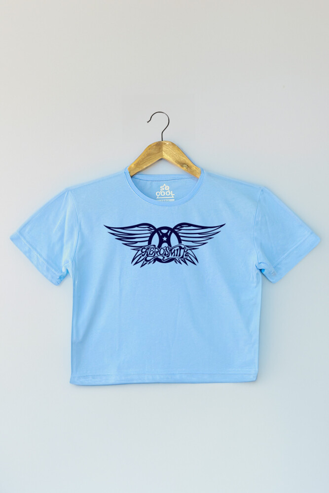 Light Blue Crop T-shirt Aerosmith Black On Black Wings Baskılı Kadın Tişört Açık Mavi Renk Baby Tee - 1