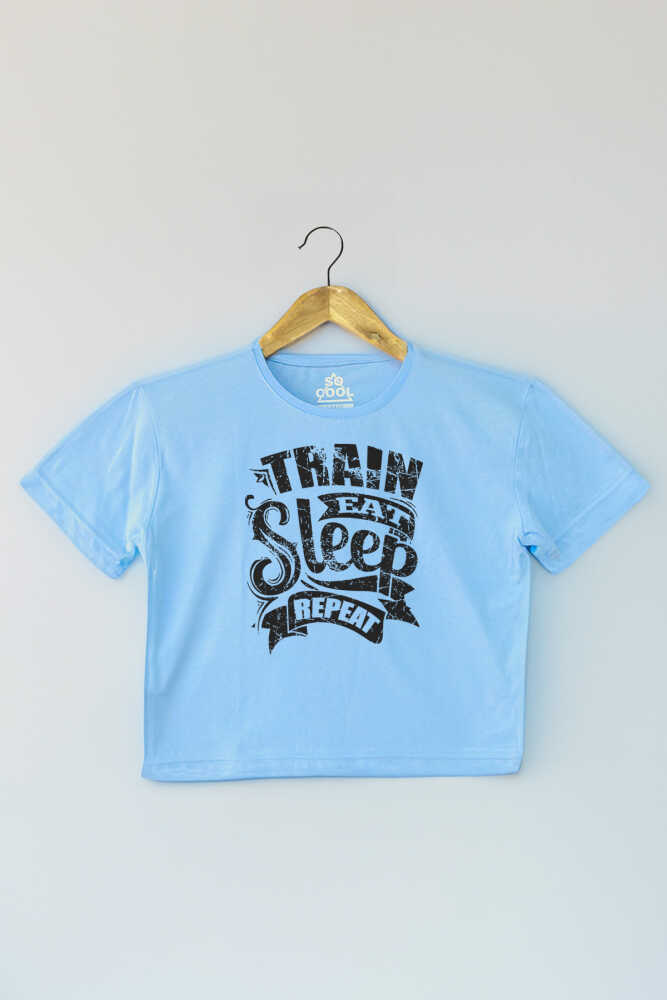 Light Blue Crop T-shirt Eat Sleep Train Repeat Mavi Renk Kadın Tişört Baby Tee - 1