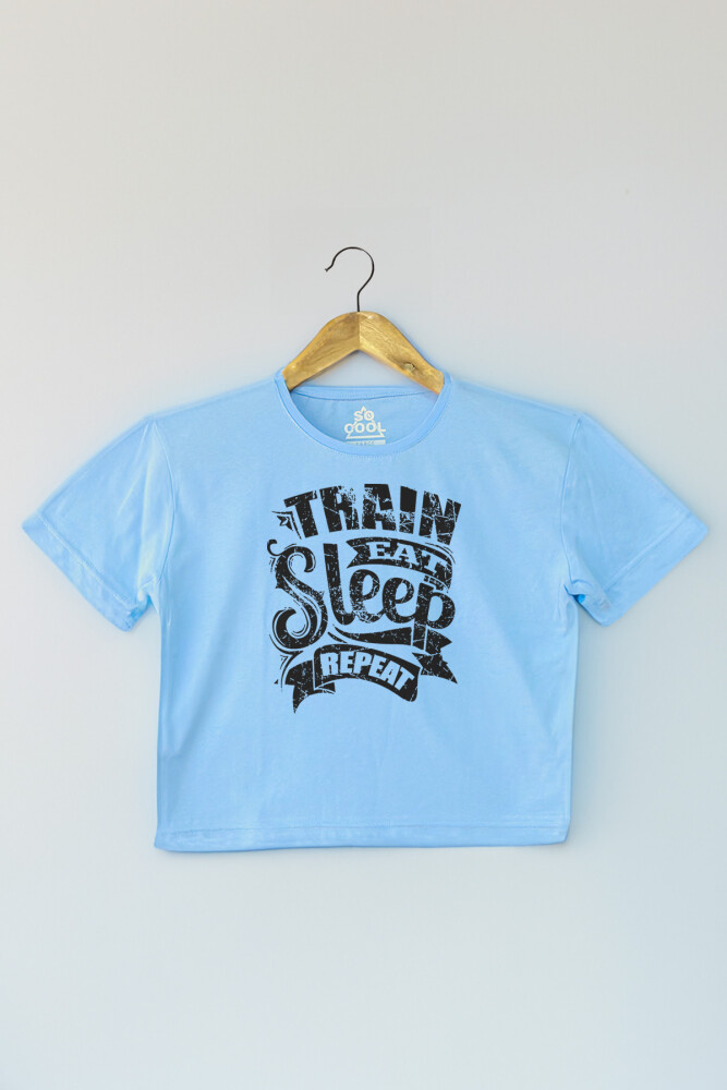 Light Blue Crop T-shirt Eat Sleep Train Repeat Mavi Renk Kadın Tişört Baby Tee - 1