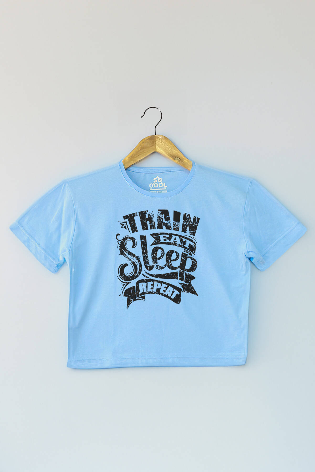 Light Blue Crop T-shirt Eat Sleep Train Repeat Mavi Renk Kadın Tişört Baby Tee - 1
