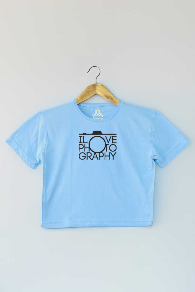 Light Blue Crop T-shirt I Love Photography Fotoğrafçı Mavi Renk Kadın Tişört Baby Tee - 1