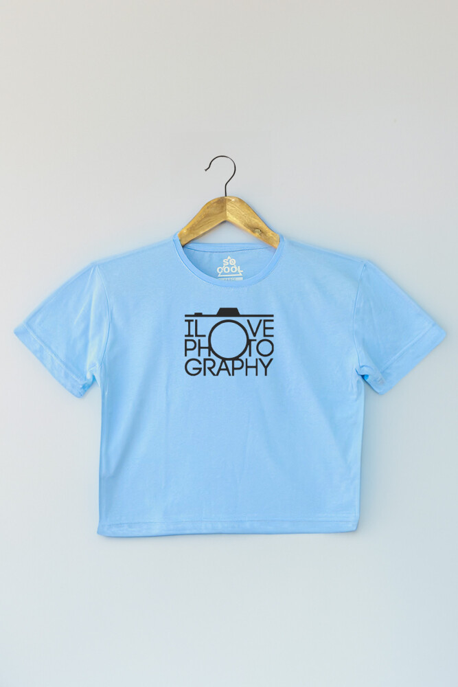 Light Blue Crop T-shirt I Love Photography Fotoğrafçı Mavi Renk Kadın Tişört Baby Tee - 1