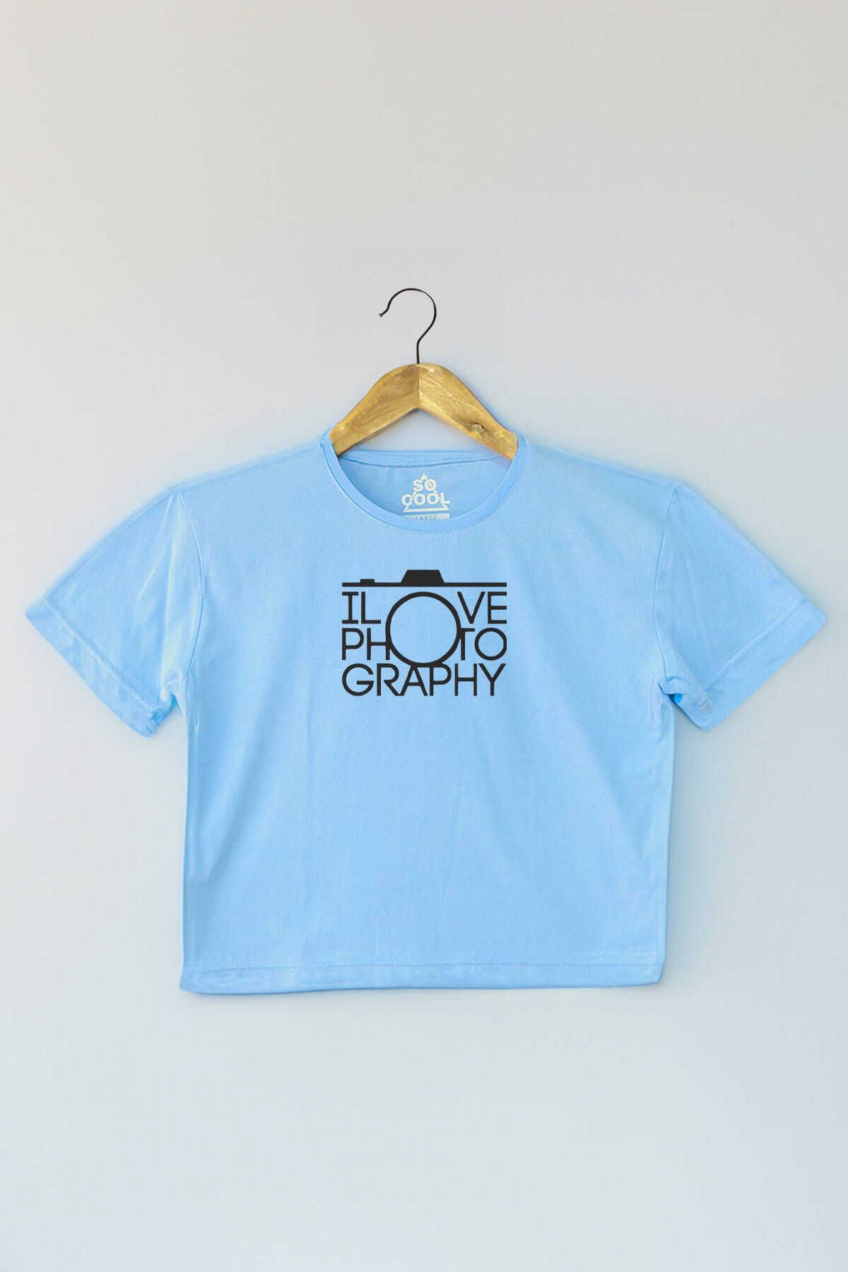 Light Blue Crop T-shirt I Love Photography Fotoğrafçı Mavi Renk Kadın Tişört Baby Tee - 1