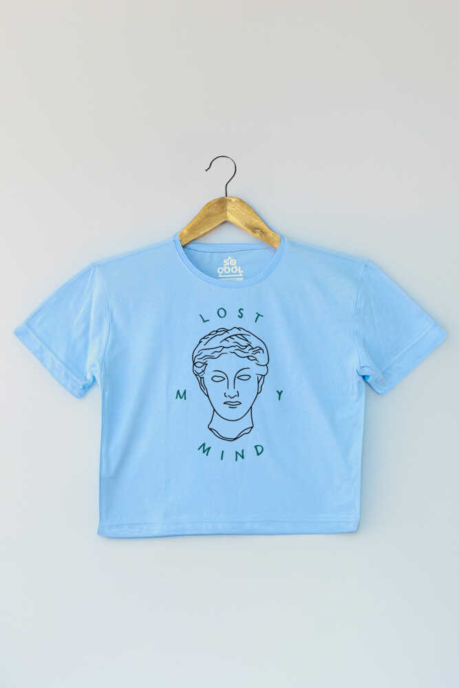 Light Blue Crop T-shirt Lost My Mind Baskılı Açık Mavi Renk Kadın Tişört Baby Tee - 1
