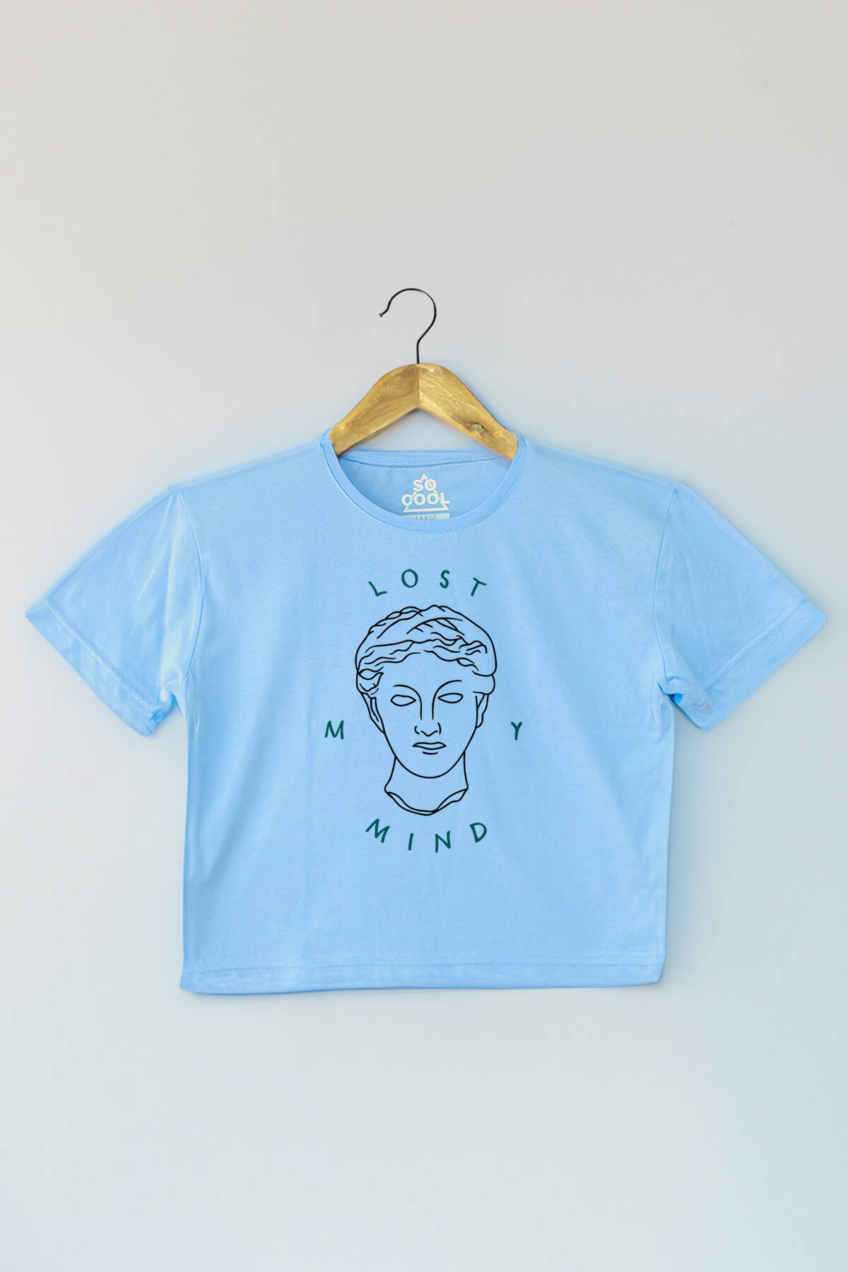 Light Blue Crop T-shirt Lost My Mind Baskılı Açık Mavi Renk Kadın Tişört Baby Tee