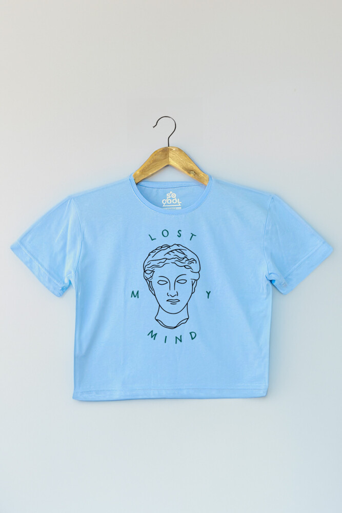 Light Blue Crop T-shirt Lost My Mind Baskılı Açık Mavi Renk Kadın Tişört Baby Tee - 1