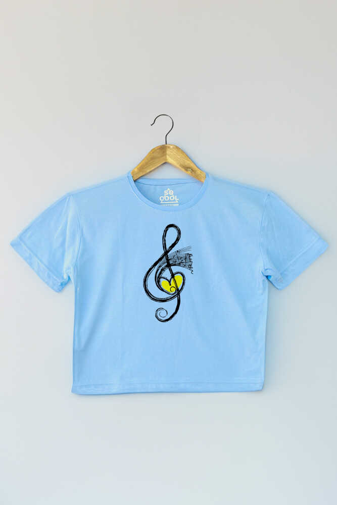 Light Blue Crop T-shirt Müzik Nota Sol Anahtarı Music Mavi Renk Kadın Tişört Baby Tee - 1
