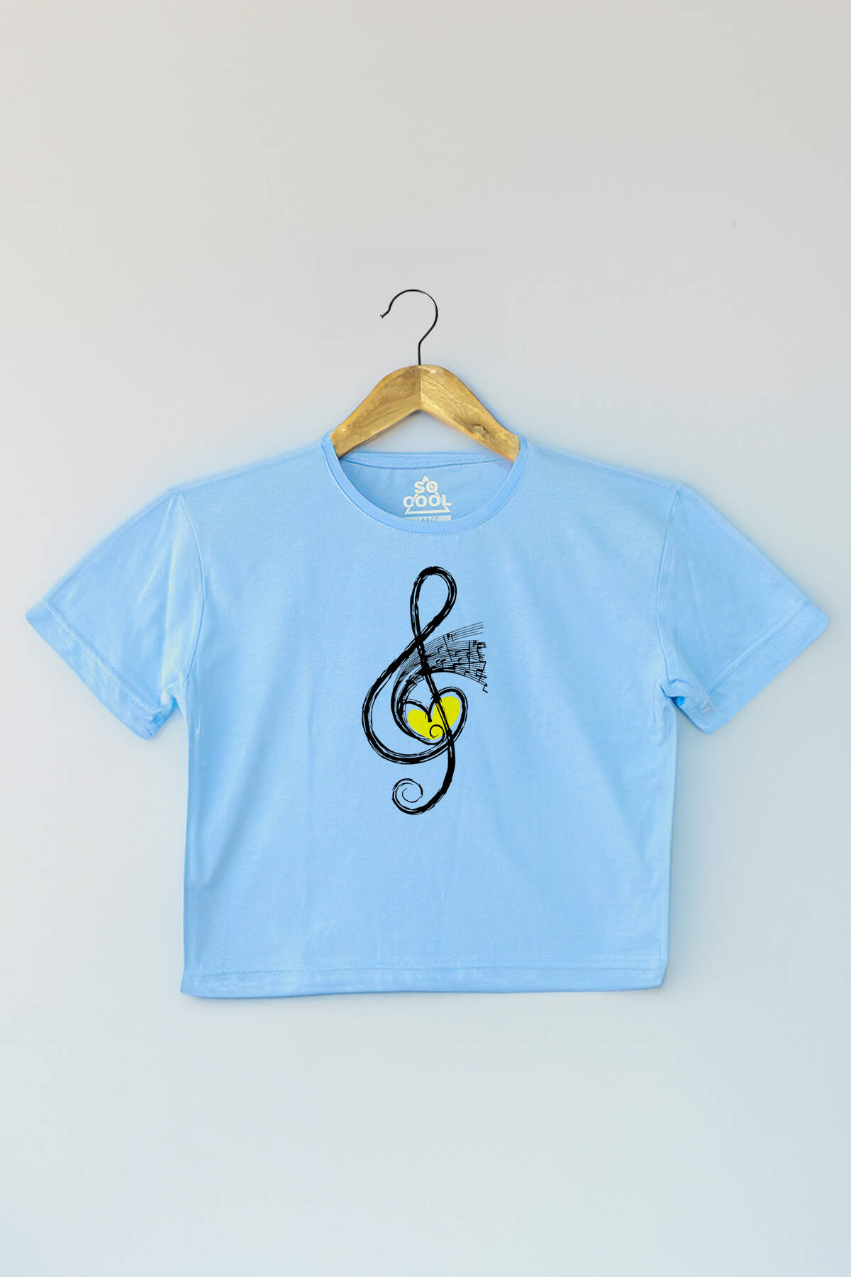 Light Blue Crop T-shirt Müzik Nota Sol Anahtarı Music Mavi Renk Kadın Tişört Baby Tee