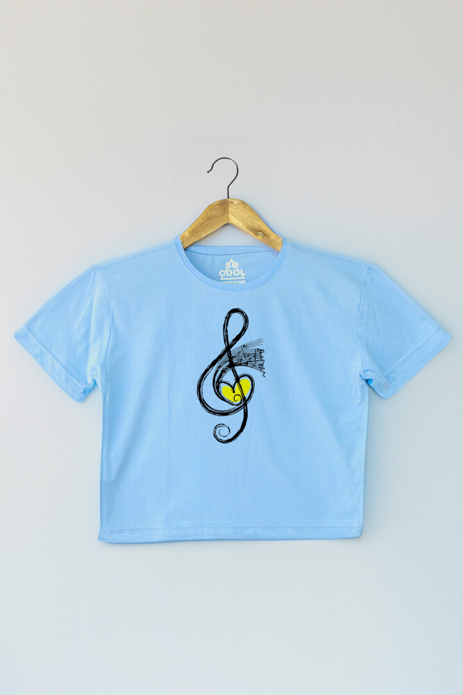 Light Blue Crop T-shirt Müzik Nota Sol Anahtarı Music Mavi Renk Kadın Tişört Baby Tee - 1