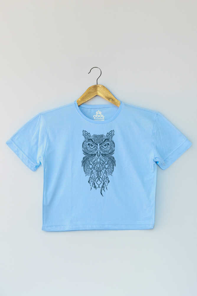 Light Blue Crop T-shirt Owl Baykuş Design Baskılı Mavi Renk Kadın Tişört Baby Tee - 1