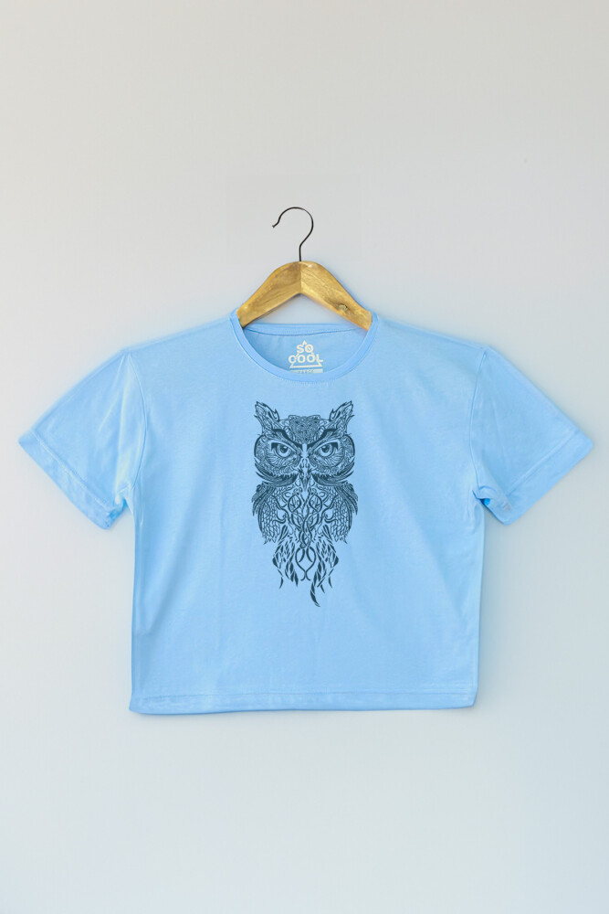 Light Blue Crop T-shirt Owl Baykuş Design Baskılı Mavi Renk Kadın Tişört Baby Tee - 1